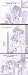 Size: 626x1691 | Tagged: safe, artist:poseidonathenea, doctor horse, doctor stable, nurse redheart, human, pony, holding a pony, human ponidox, humanized, monochrome, pencil drawing, ponidox world, traditional art