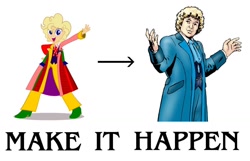 Size: 1206x777 | Tagged: safe, derpibooru import, doctor whooves, equestria girls, blue coat, boots, clothes, clothes swap, cravat, doctor who, exploitable meme, frock coat, make it happen, meme, polka dots, real time, shirt, shoes, sixth doctor, the explosion in a rainbow factory, trousers, waistcoat