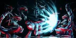 Size: 2669x1352 | Tagged: safe, artist:amura-of-jupiter, robot, electricity, fight, glow, glowing eyes, lightning, metal, water