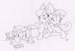 Size: 878x600 | Tagged: dead source, safe, artist:dfectivedvice, apple bloom, scootaloo, sweetie belle, cutie mark crusaders, grayscale, gum, monochrome, sketch, traditional art