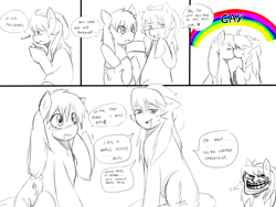 Size: 1600x1200 | Tagged: safe, artist:meewin, derpibooru import, oc, oc only, troll, chilli, comic, female, gay, kissing, lesbian, male, monochrome, prank