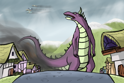 Size: 1500x1000 | Tagged: safe, artist:whiro153, derpibooru import, spike, dragon, adult spike, older, ponyville, wonderbolts