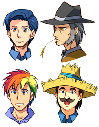 Size: 722x921 | Tagged: safe, artist:megarexetera, derpibooru import, hondo flanks, igneous rock pie, night light, rainbow blaze, human, bust, father, hat, humanized, moustache, portrait, straw hat