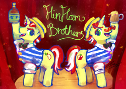 Size: 800x566 | Tagged: safe, artist:scarlet-songstress, derpibooru import, flam, flim, cider, duo, flim flam brothers, tonic