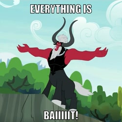 Size: 499x499 | Tagged: safe, derpibooru import, lord tirek, centaur, bait, exploitable meme, horns, image macro, lord tirek's outstretched arms, male, meme, nose ring, open mouth, reaction image, solo, text, this is bait, tree