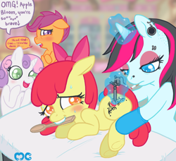 Size: 930x850 | Tagged: safe, artist:mcponyponypony, apple bloom, scootaloo, sweetie belle, oc, cigarette, cutie mark, cutie mark crusaders, gauges, pain, piercing, sweat, tattoo, tattoo artist, tramp stamp, wooden spoon