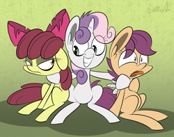 Size: 1400x1105 | Tagged: safe, artist:slitherpon, derpibooru import, apple bloom, scootaloo, sweetie belle, alternate universe, bandage, cutie mark crusaders, moody mark crusaders