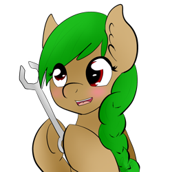 Size: 1024x1024 | Tagged: safe, artist:lumyia, derpibooru import, oc, oc only, oc:tool kit, derp, green hair, mechanic, red eyes, wrench