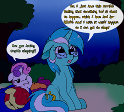 Size: 1163x1058 | Tagged: safe, artist:inkie-heart, derpibooru import, apple bloom, scootaloo, sweetie belle, ask, cutie mark crusaders, glasses, professor lyra, sleeping, sleeping bag, tumblr