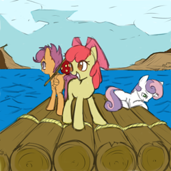 Size: 600x600 | Tagged: safe, artist:arcum42, artist:fajeh, edit, apple bloom, scootaloo, sweetie belle, bindle, colored, cutie mark crusaders, raft, river, scenery, water