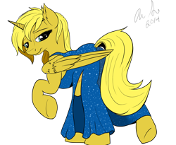 Size: 1000x818 | Tagged: safe, artist:jinyaranda, derpibooru import, oc, oc only, oc:ticket, alicorn, pony, alicorn oc, clothes, dress, simple background, solo, transparent background