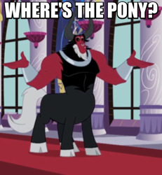 Size: 457x494 | Tagged: safe, derpibooru import, screencap, lord tirek, twilight's kingdom, image macro, meme, reaction image, shrug, solo, where's the pony?, x in hub network