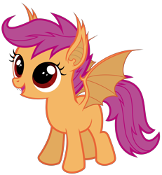 Size: 5534x6000 | Tagged: safe, artist:magister39, scootaloo, bat pony, pony, vampony, absurd resolution, bat ponified, cute, cutealoo, fangs, looking up, open mouth, race swap, scootabat, simple background, smiling, solo, spread wings, transparent background, vector, wings