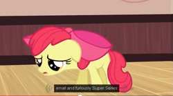 Size: 637x354 | Tagged: safe, derpibooru import, screencap, apple bloom, one bad apple, meme, solo, youtube caption