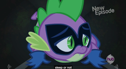 Size: 848x465 | Tagged: safe, derpibooru import, screencap, humdrum, spike, dragon, power ponies (episode), hub logo, meme, power ponies, solo, youtube caption