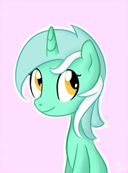 Size: 772x1035 | Tagged: safe, artist:milkshake1417, derpibooru import, lyra heartstrings, pony, unicorn, pink background, simple background, smiling, solo