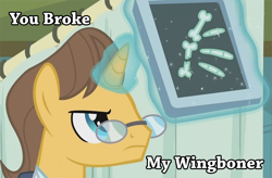 Size: 728x477 | Tagged: safe, derpibooru import, edit, edited screencap, screencap, doctor horse, doctor stable, pony, unicorn, read it and weep, caption, image macro, levitation, magic, meme, solo, telekinesis, wingboner