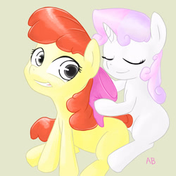 Size: 3000x3000 | Tagged: safe, artist:ab, derpibooru import, apple bloom, sweetie belle, earth pony, pony, unicorn, duo, duo female, female, filly