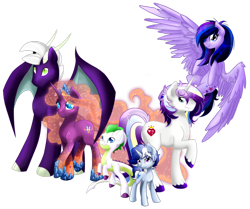 Size: 800x668 | Tagged: safe, artist:arcadianphoenix, derpibooru import, oc, oc only, oc:opal flare, oc:prince shining romance, oc:princess morning mist, oc:princess starlight swirl, oc:radiant aegis, oc:sapphire blitz, crystal pony, dracony, hybrid, pegasus, pony, unicorn, flying, interspecies offspring, looking at you, next generation, offspring, parent:flash sentry, parent:princess cadance, parent:princess celestia, parent:rarity, parent:shining armor, parent:spike, parent:twilight sparkle, parents:flashlight, parents:guardlestia, parents:shiningcadance, parents:sparity, raised hoof, rearing, smiling, spread wings