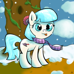 Size: 1024x1024 | Tagged: safe, artist:ashtend, coco pommel, :p, cocobetes, cross-eyed, cute, silly, smiling, snow, snowfall, solo, tongue out, tree