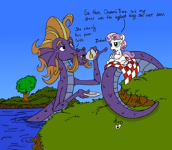 Size: 1200x1046 | Tagged: safe, artist:arthur9078, derpibooru import, steven magnet, sweetie belle, pony, sea serpent, unicorn, duo, female, filly, frown, gossip, grumpy, open mouth, picnic, picnic blanket, plate, pond, river, sitting, smiling, tail, tea, teabag, teacup, underhoof, water