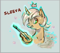 Size: 764x682 | Tagged: safe, artist:erinliona, artist:isfirts, derpibooru import, oc, oc only, oc:lenich, pony, unicorn, crown, cyan light, guitar, king, male, plum kingdom, solo, stallion