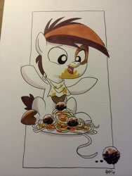 Size: 768x1024 | Tagged: safe, artist:tonyfleecs, derpibooru import, pipsqueak, pipsqueak eating spaghetti, ponies eating meat, solo, spaghetti, traditional art