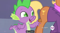 Size: 1280x719 | Tagged: safe, derpibooru import, screencap, ms. harshwhinny, spike, dragon, equestria games (episode), all new, clothes, equestria games, hub logo, meme, scarf, youtube caption