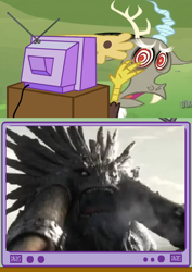 Size: 562x795 | Tagged: safe, derpibooru import, discord, bewilderbeast, exploitable meme, how to train your dragon, how to train your dragon 2, hypnosis, meme, obligatory pony, solo, tv meme