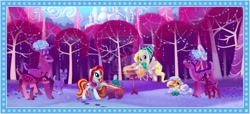 Size: 1325x602 | Tagged: safe, artist:sakuyamon, derpibooru import, oc, oc only, oc:cobalt tangle, oc:pebbles, oc:wishful heart, bird, cockatrice, deer, scenery, watermark, winter