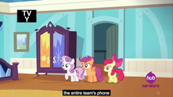 Size: 1280x719 | Tagged: safe, derpibooru import, screencap, apple bloom, scootaloo, sweetie belle, equestria games (episode), bed, cutie mark crusaders, door, doorway, hub logo, indoors, meme, picture, picture frame, youtube caption