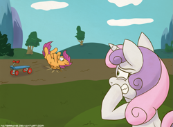 Size: 1223x900 | Tagged: safe, artist:naterrang, derpibooru import, scootaloo, sweetie belle, accident, bail, crying, falling, injured, scooter