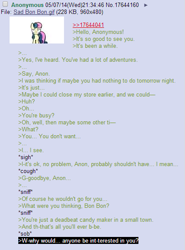 Size: 425x575 | Tagged: safe, derpibooru import, bon bon, sweetie drops, /mlp/, 4chan, anon in equestria, greentext, rejection, rejection is magic, sad, text