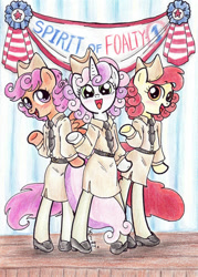 Size: 756x1056 | Tagged: safe, artist:oriwhitedeer, derpibooru import, apple bloom, scootaloo, sweetie belle, pony, semi-anthro, bipedal, clothes, cutie mark crusaders, the andrews sisters, traditional art, uniform