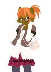 Size: 1488x2105 | Tagged: safe, artist:destinyprogenitor, derpibooru import, button mash, anthro, ambiguous facial structure, blouse, blushing, clothes, crossdressing, explicit source, fimfiction, glasses, jacket, lunchbox, older, skirt, solo, stockings, teenager