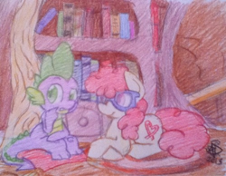 Size: 500x387 | Tagged: safe, artist:foxesgoquack, spike, twist, dragon, golden oaks library, sitting, traditional art