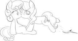 Size: 1280x678 | Tagged: safe, artist:mcsadat, derpibooru import, diamond tiara, sweetie belle, accidental kiss, banana peel, diamondbelle, female, kissing, lesbian, lineart, missing accessory, monochrome, shipping