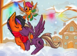 Size: 1280x931 | Tagged: safe, artist:renaifoxi, scootaloo, oc, pegasus, pony, clothes, female, kissing, male, oc x oc, scarf, shipping, snow, snowfall, spread wings, straight