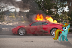 Size: 1200x797 | Tagged: safe, firecracker burst, car, ferrari, ferrari 360 modena, fire, irl, photo, ponies in real life, solo