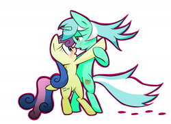 Size: 2400x1740 | Tagged: safe, artist:joycall6, bon bon, lyra heartstrings, sweetie drops, pony, bipedal, blushing, dancing, female, lesbian, lyrabon, shipping