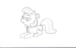 Size: 1024x654 | Tagged: safe, artist:eggrole7, derpibooru import, coco pommel, rarity takes manehattan, monochrome, prone, solo, traditional art