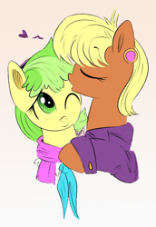 Size: 564x821 | Tagged: safe, artist:arcum42, artist:xioade, derpibooru import, chickadee, ms. harshwhinny, ms. peachbottom, colored, female, harshbottom, heart, kissing, lesbian, shipping