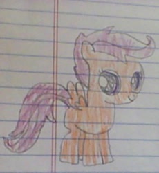 Size: 294x320 | Tagged: safe, artist:gracie_cleopatra, derpibooru import, scootaloo, cute, lined paper, solo, traditional art