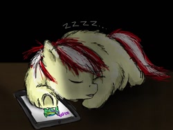 Size: 1024x768 | Tagged: safe, artist:waggytail, derpibooru import, oc, oc only, oc:waggyfluff, fluffy pony, ipad, sleeping, solo, zzz