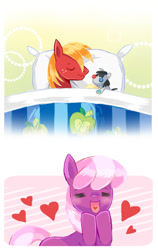 Size: 500x793 | Tagged: safe, artist:fuyuse leka, big macintosh, cheerilee, smarty pants, earth pony, pony, bed, blushing, cheerimac, heart, male, pixiv, shipping, sleeping, smartymac, stallion, straight