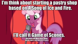 Size: 960x540 | Tagged: safe, derpibooru import, cheerilee, earth pony, pony, a song of ice and fire, cheerilee pun, curtain, exploitable meme, female, game of thrones, green eyes, image macro, mare, meme, microphone, open mouth, pun, smiling, solo, spotlight, text, two toned mane, two toned tail