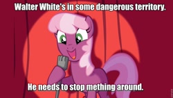 Size: 960x540 | Tagged: safe, derpibooru import, cheerilee, earth pony, pony, breaking bad, cheerilee pun, curtain, exploitable meme, female, green eyes, image macro, lame joke, mare, meme, meth, microphone, open mouth, pun, smiling, solo, spotlight, text, two toned mane, two toned tail, walter white