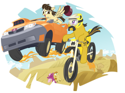 Size: 4286x3185 | Tagged: safe, artist:mick-o-maikeru, derpibooru import, cheerilee, wild fire, oc, oc:mandopony, action pose, car, dirt bike, driving, dustykatt, goggles, helmet, motorcycle, race, racing, riding