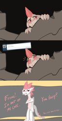 Size: 1280x2502 | Tagged: safe, artist:dmann892, derpibooru import, fizzle, dragon, ask, ask closet fizzle, cave, comic, hiding, metaphor, nervous, solo, teenaged dragon, tumblr