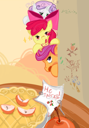 Size: 500x713 | Tagged: safe, artist:vris-xx, derpibooru import, apple bloom, scootaloo, sweetie belle, cutie mark crusaders, pie, russian, this will end in tears